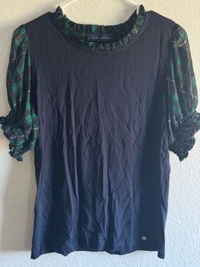 Tommy Hilfiger Navy Tee with Green Plaid Puff Sleeves